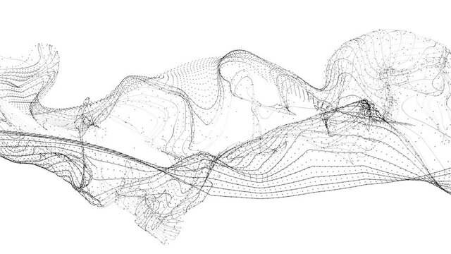 Black and white wavy particles background.Abstract deformation network mesh structure.Digital flow with lines from points in slow motion.Particles field dance move.Technological style.Flat animation 