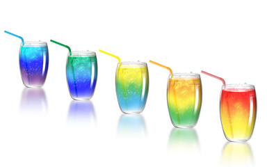 Refreshing and colorful soda drinks on the glass texture table with white background.