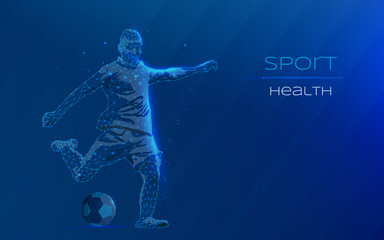 Soccer player hitting the ball. soccer the most famous game in the world. healthy lifestyle particle divergent composition vector illustration. plexus. wireframe. low poly. dark-blue background. - obrazy, fototapety, plakaty