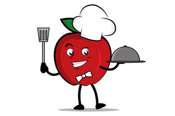 Apple Cartoon mascot or character as a chef holding the spatula and serving plate