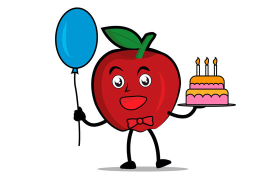 Apple Cartoon mascot or character holding balloons and birthday cake at birthday celebration event