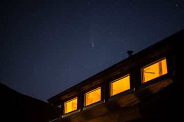 Comet Neowise Over a Log Cabin