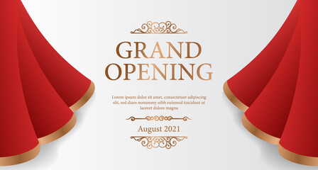 Elegant luxury grand opening poster banner with red silk curtain wave open illustration