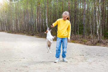 A teenage girl with long hair plays with a dog Jack Russell Terrier in the park on a sandy path in summer. A small dog in a ballet jump with crossed legs. Healthy lifestyle, mental health. Copy space.