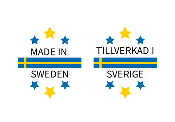 Made in Sweden labels in English and in Swedish languages. Quality mark vector icon. Perfect for logo design, tags, badges, stickers, emblem, product package, etc