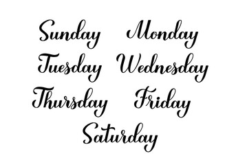 Handwritten weekday names . Monday, Tuesday, Wednesday, Thursday, Friday, Sunday and Saturday calligraphy hand lettering. Vector set.