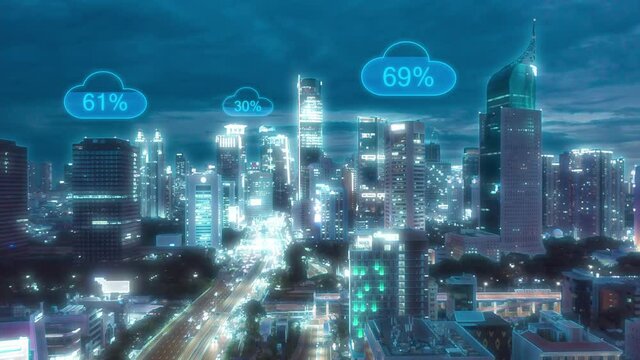 Cloud computing icons with percentages, blue tech city background - Aerial Hyperlapse - 3d animation