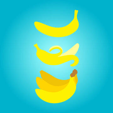 Set of bananas, flat icons isolated on blue background, vector illustration.