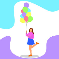 Cute girl holding bunch of helium balloons, vector illustration.