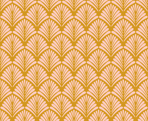 Art Deco Style Repeat Pattern With Floral Pink Motifs On Caramel Brown Background. Pink And Gold Retro Seamless Repeat For Home Décor, Textiles, Fabric, Wrapping Paper.