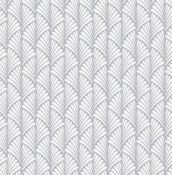Art Deco Pattern With  White Floral Motifs In A Half Drop Repeat. Vintage Neutral Gray And White Art Deco Pattern For Wallpaper, Textiles, Home Décor, Fabric