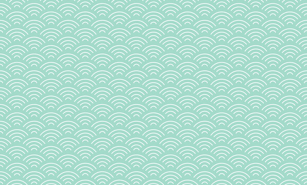 Japanese Wave Pattern On Mint Green Background. Traditional Seigaiha Seamless Pattern Repeat For Fabric, textiles, Home Décor, Scrapbooking, Wallpaper.