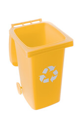 Plastic yellow trash can isolated on white background