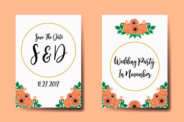 Wedding invitation frame set, floral watercolor hand drawn Zinnia with Rose Flower design Invitation Card Template