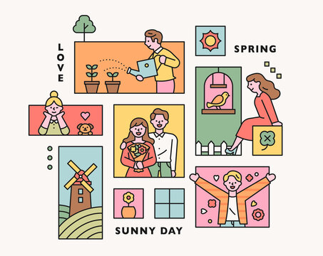 Collection of spring collage illustrations. flat design vector minimal style.