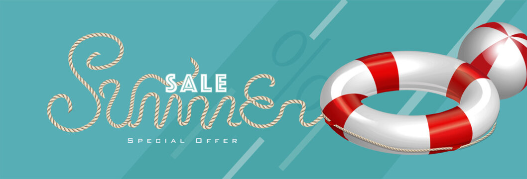 Summer sale with rope text style and lifebuoy marketing template. EPS 10 Vector Illustration for greeting card, ad, promotion, poster, flier, blog, article and social media.