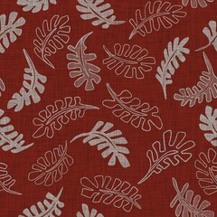 Seamless french floral farmhouse woven linen texture. Two tone red shabby chic pattern background.  Modern vintage fabric cloth effect.  Drawn flower material rustic cottage decor all over print