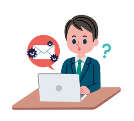 迷惑メールに疑問を持っているスーツを着た男性のイラスト
