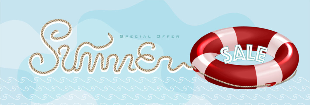 Summer sale with rope text style and lifebuoy marketing template. EPS 10 Vector Illustration for greeting card, ad, promotion, poster, flier, blog, article and social media.