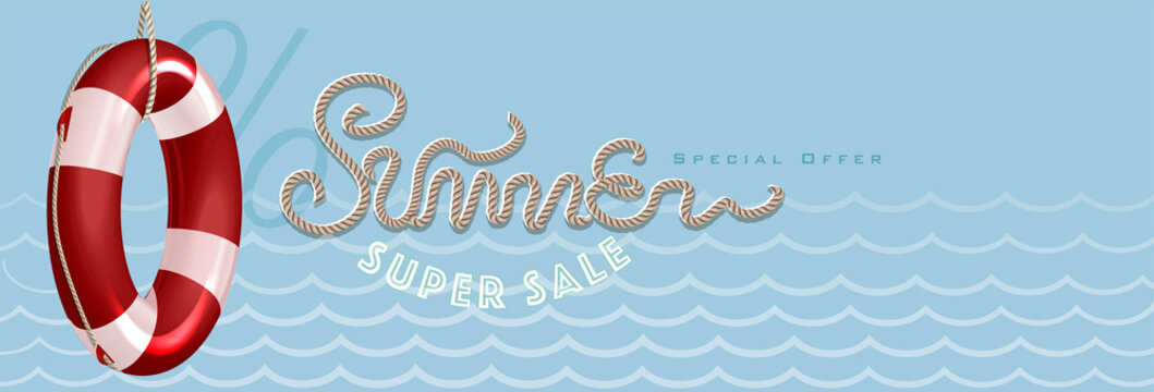 Summer sale with rope text style and lifebuoy marketing template. EPS 10 Vector Illustration for greeting card, ad, promotion, poster, flier, blog, article and social media.