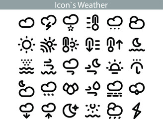 Weather line icons set - big pack of 25 weather forecast graphic elements, sun, cloud, rain, snow, wind, rainbow