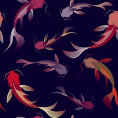 Seamless dark pattern with koi fishes, asian ornament with fishes