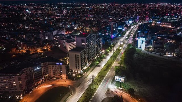Drone footage of Sofia  during night Time Lapse. Hyper Lapse