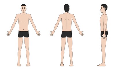 Man in shorts front, back and side on a white background