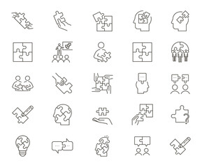 Set of 25 puzzle related icons. Vector thin line graphic elements related with solutions, business, strategies and creative problems and solutions