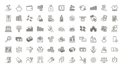 Complete money and finance related 66 icons set. Vector editable thin line icons for subjects related with currencies, payments, transactions, deals and business