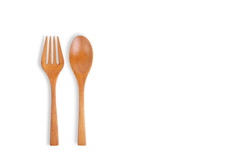 Wooden spoon and fork isolated on white background. Top view