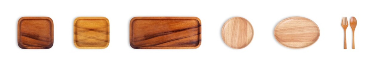 Top view of Wooden kitchen utensils, Tray, Plate, Spoon, and Fork, Isolated on white background.