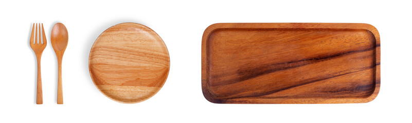 Wooden kitchen utensils, Tray, Plate, Spoon, and Fork, Isolated on white background.