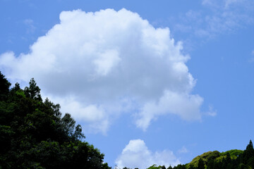 山の風景とふわふわの雲