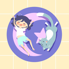 cute cartoon girl playing with cat adorable cat sleeping