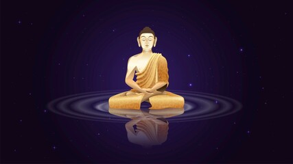 Golden Buddha sitting in lotus position in space