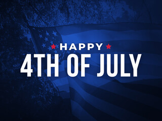 Happy 4th of July Holiday Card with Waving American Flag Over Dark Blue Background Texture