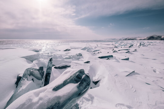 Ice floes of frozen sea. Winter landscape