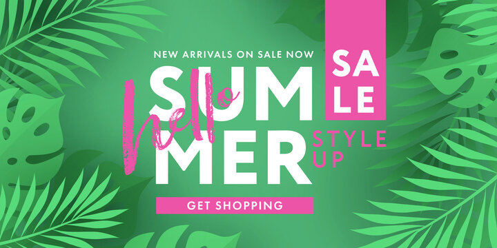 Hello Summer Sale design template with tropical leaf, lettering and modern typography in trendy green and pink colors. Minimal style for poster, flyer, fashion ads, website banner, social media, print