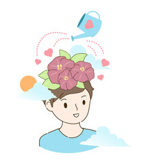 young man character with flower head and watering with water can. Mental health concept. Hand draw style. Vector illustration.