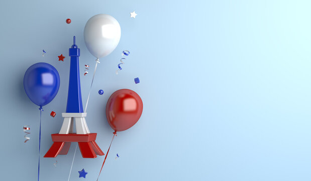 Happy Bastille Day decoration background with eiffel tower balloon confetti copy space text, 3D rendering illustration