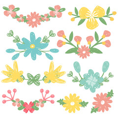 Set of floral decorations in hand drawn style. Flowers bouquet collection. Doodle design. Vector illustration.