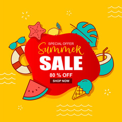 Naklejka premium Summer sale banner cover template background. Summer discount special offer cute design.