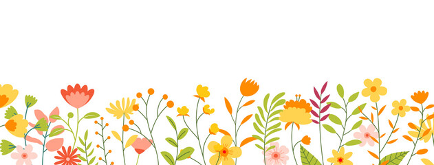 Fototapeta na wymiar Flowers and leaves horizontal background. Floral spring backdrop with copy space for text.