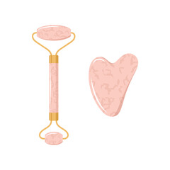 Gua sha scraper and jade roller for facial massage. Collection of different shape natural pink quartz stones. Skin care concept. Vector illustration in flat cartoon style.