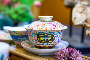 Chinese style painted teapots, cups and various tea sets