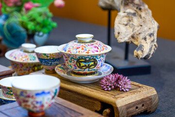 Chinese style painted teapots, cups and various tea sets