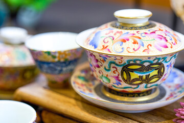 Chinese style painted teapots, cups and various tea sets