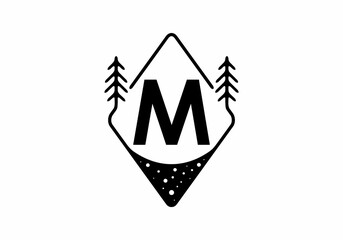 Black line art badge with pine trees and M letter