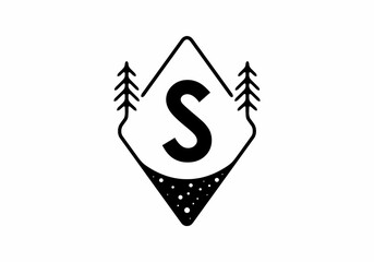 Black line art badge with pine trees and S letter